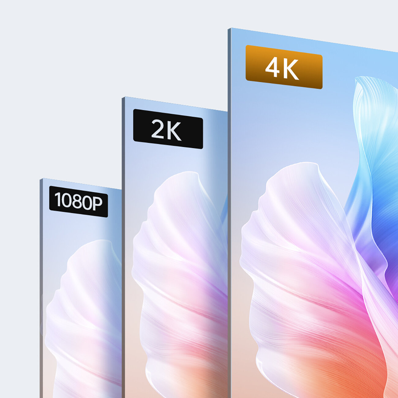 Obraz przedstawia trzy ekrany o różnych rozdzielczościach: 1080P, 2K i 4K, z kolorowym, abstrakcyjnym wzorem na każdym z nich.
