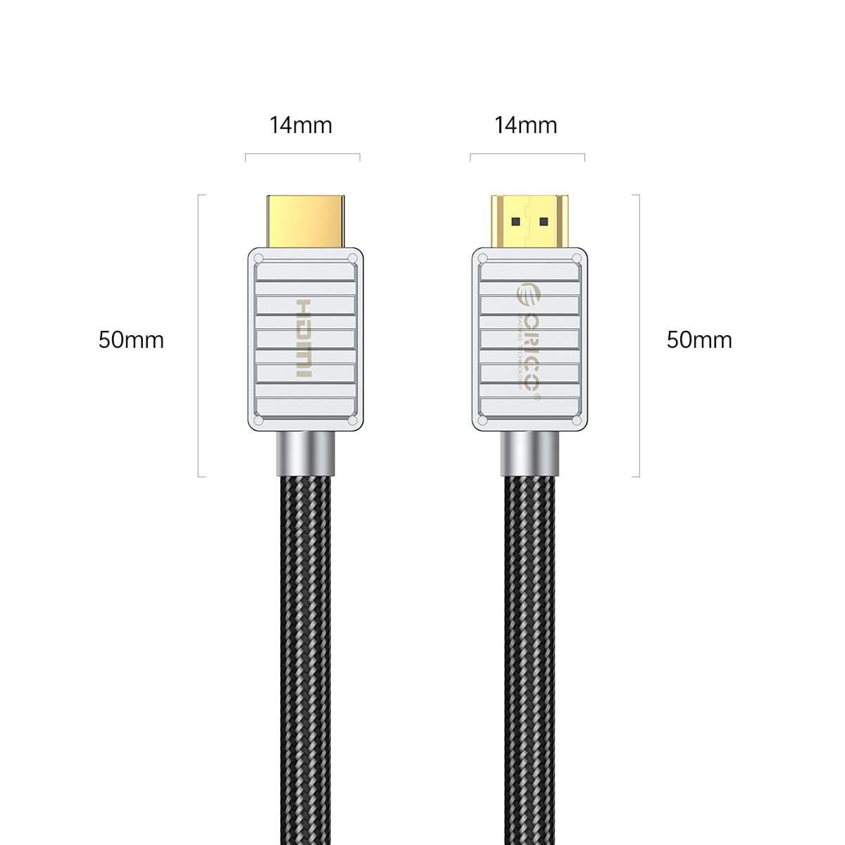 Obraz przedstawia dwa złącza kabla HDMI z oznaczeniami \'HDMI\' i \'Orico\', każde o wymiarach 14mm na 50mm. Kabel ma czarny, pleciony wygląd.