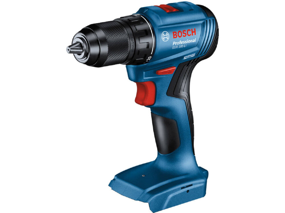 Na obrazie widoczna jest niebieska wiertarko-wkrętarka z czarnym uchwytem i czerwonymi elementami. Na urządzeniu znajduje się logo \'BOSCH Professional GSR 185-LI\'.