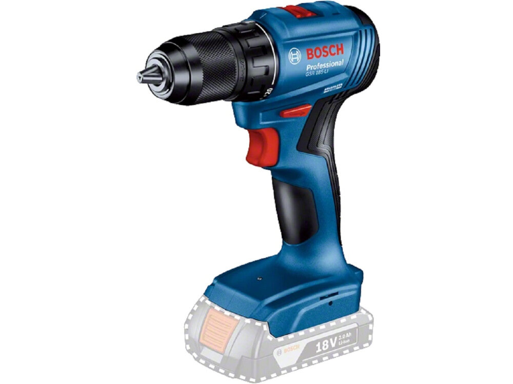 Na obrazie widoczna jest niebieska wiertarko-wkrętarka z czarnym uchwytem i czerwonymi elementami. Na urządzeniu znajduje się logo \'BOSCH Professional\' oraz napis \'GSR 185-LI\'.