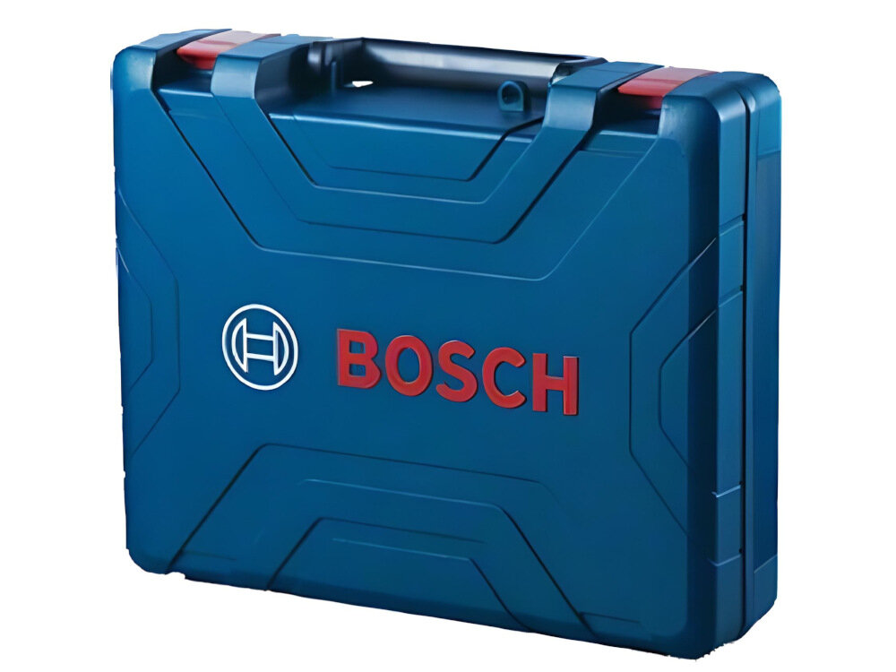 Niebieska walizka z logo BOSCH i uchwytem na górze. Na przodzie widoczny jest biały symbol i czerwony napis \'BOSCH\'.