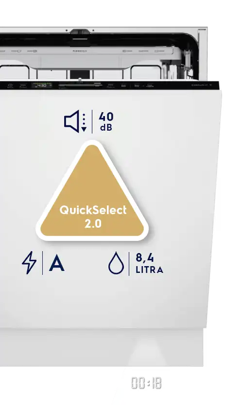 Zmywarka z otwartym panelem sterowania, na którym widnieje napis \'QuickSelect 2.0\'. Obok znajdują się ikony z oznaczeniami: 38 dB, -10% energii, 8,4 litra.