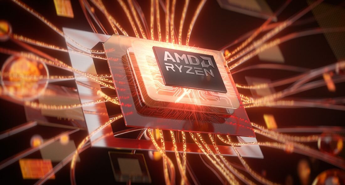 Obraz przedstawia procesor z widocznym napisem \'AMD RYZEN\', otoczony dynamicznymi liniami przypominającymi ścieżki elektryczne.