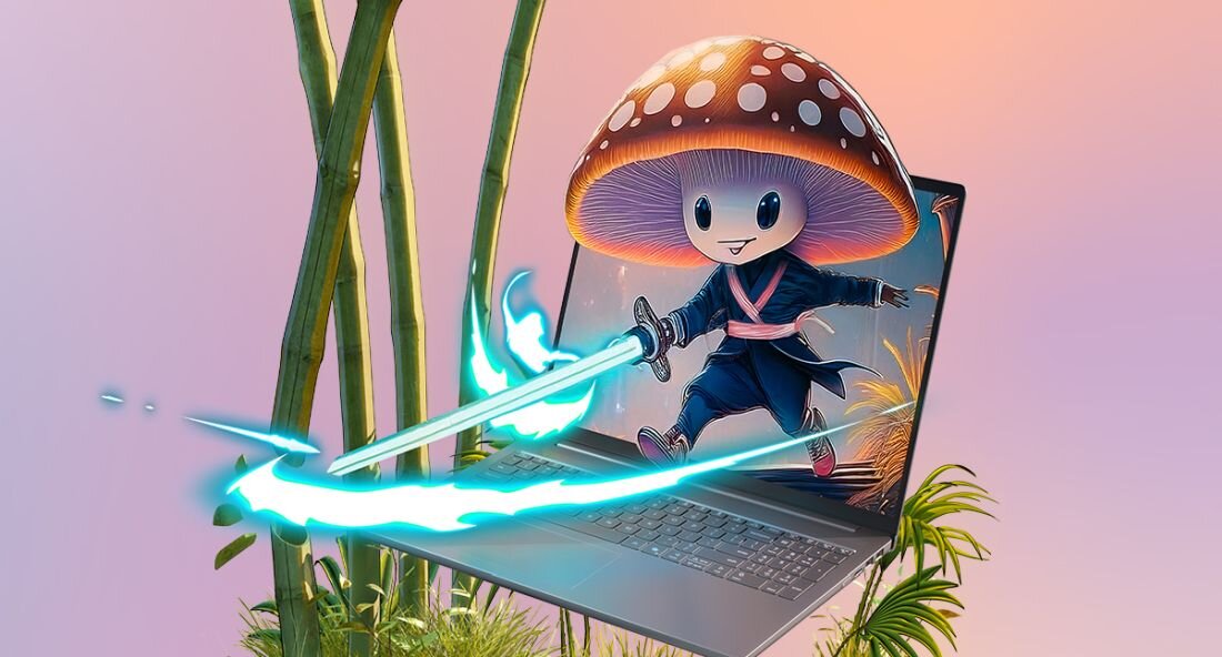 Ilustracja przedstawia postać z grzybową czapką i mieczem, wychodzącą z ekranu laptopa. W tle widoczne są bambusy i roślinność.