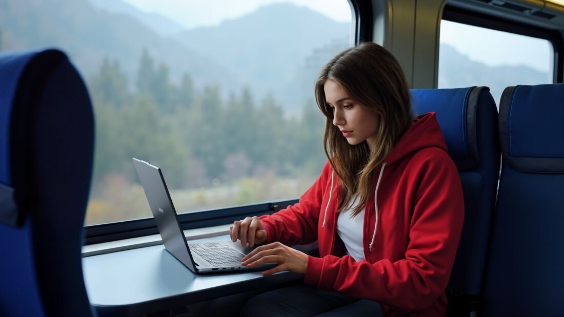Osoba w czerwonej bluzie korzysta z laptopa w pociągu, siedząc przy oknie z widokiem na góry. Wnętrze pociągu jest nowoczesne, z niebieskimi siedzeniami.