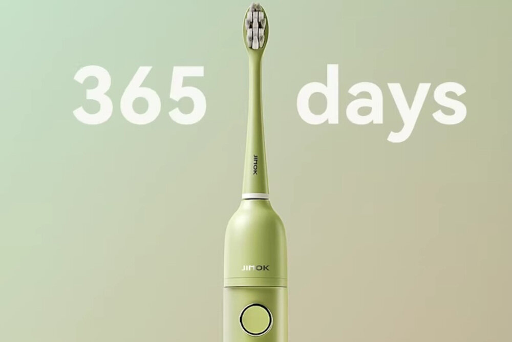 Zielona szczoteczka soniczna z napisem \'JIMOK\' na uchwycie, na tle którego widnieje tekst \'365 days\'.