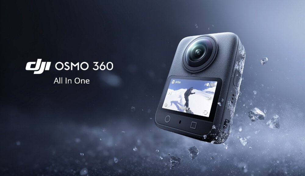 Obraz przedstawia kamerę sportową z dużym obiektywem i ekranem wyświetlającym postać w ruchu. Obok kamery widoczny jest tekst: \'DJI OSMO 360 All In One\'.