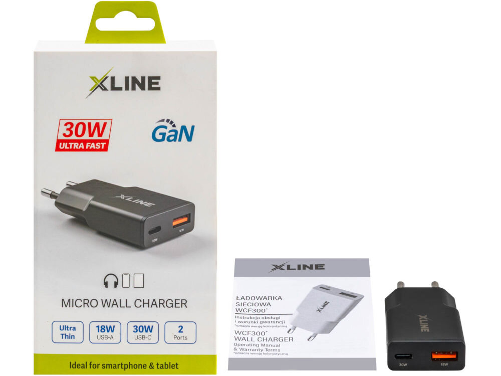 Na obrazie znajduje się opakowanie ładowarki sieciowej XLINE z oznaczeniami \'30W ULTRA FAST\' i \'GaN\'. Obok opakowania widoczna jest sama ładowarka oraz instrukcja obsługi z napisem \'ŁADOWARKA SIECIOWA WCF300\'.