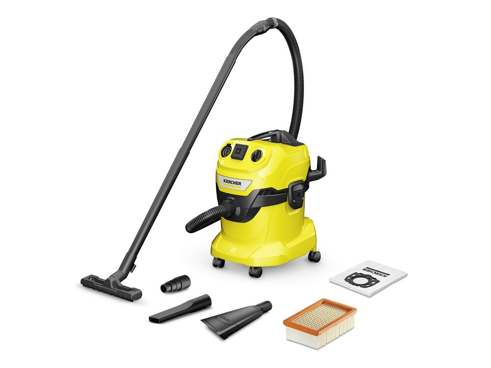 Na obrazie znajduje się żółty odkurzacz z czarnymi elementami oraz różne akcesoria, takie jak wąż, szczotki i filtr. Na odkurzaczu widoczne jest logo \'KARCHER\'.