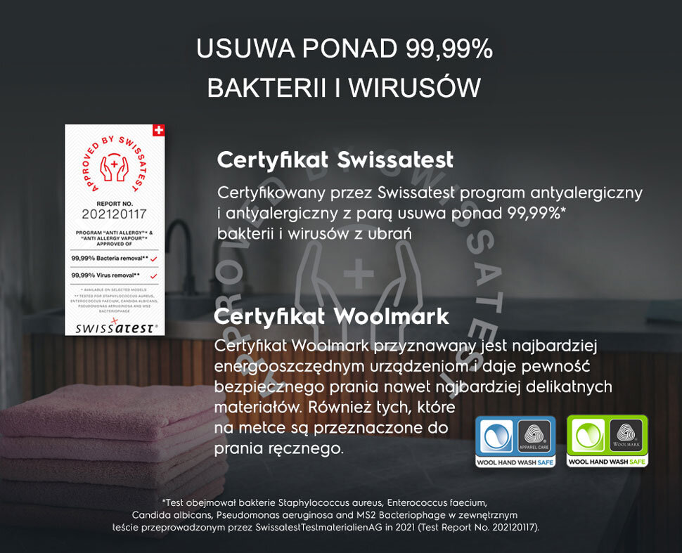 Grafika przedstawia certyfikaty Swissatest i Woolmark, które potwierdzają usuwanie ponad 99,99% bakterii i wirusów oraz bezpieczeństwo prania delikatnych materiałów. Widoczny jest tekst: \'USUWA PONAD 99,99% BAKTERII I WIRUSÓW\'.