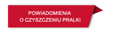 Czerwony prostokąt z białym tekstem: \'POWIADOMIENIA O CZYSZCZENIU PRALKI\'.