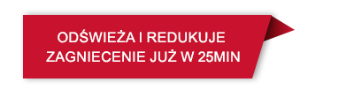 Czerwona etykieta z białym tekstem: \'ODŚWIEŻA I REDUKUJE ZAGNIECENIE JUŻ W 25MIN\'.