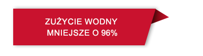 Czerwony prostokątny baner z tekstem: \'ZUŻYCIE WODY MNIEJSZE O 96%\'.