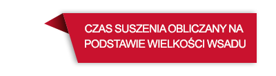 Czerwona wstążka z białym tekstem: \'CZAS SUSZENIA OBLICZANY NA PODSTAWIE WIELKOŚCI WSADU\'.