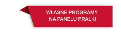 Czerwony prostokątny baner z tekstem \'WŁASNE PROGRAMY NA PANELU PRALKI\'.