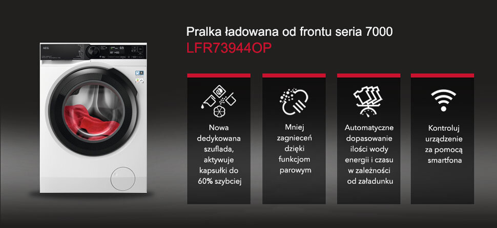 Obraz przedstawia pralkę AEG z serii 7000, model LFR73944OP, z widocznym bębnem i panelem sterowania. Obok pralki znajdują się cztery ikony z opisami funkcji: nowa szuflada na kapsułki, mniej zagnieceń dzięki funkcjom parowym, automatyczne dopasowanie ilości wody, energii i czasu oraz możliwość kontroli urządzenia za pomocą smartfona.