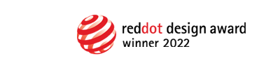 Logo z czerwonym, spiralnym wzorem obok tekstu \'reddot design award winner 2022\'.