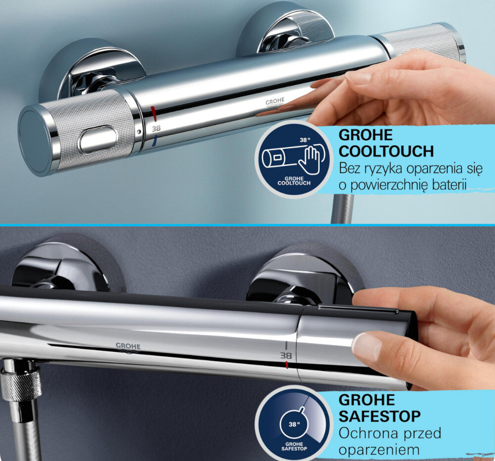Obraz przedstawia chromowaną baterię prysznicową z logo GROHE i oznaczeniem temperatury 38°. Widoczne są napisy: \'GROHE COOLTOUCH Bez ryzyka oparzenia się o powierzchnię baterii\' oraz \'GROHE SAFESTOP Ochrona przed oparzeniem\'.