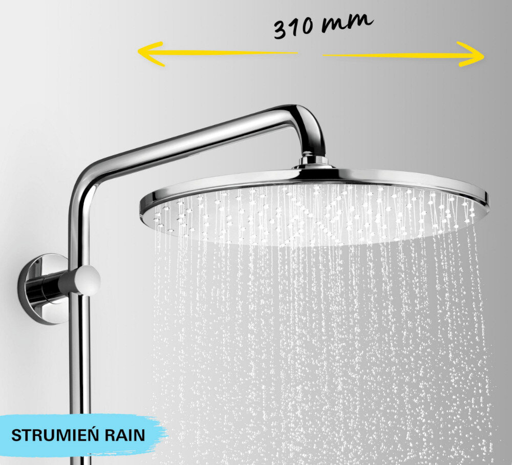Na obrazie widoczna jest chromowana deszczownica z zestawu prysznicowego, z której wypływa woda. Obok znajduje się napis \'310 mm\' oraz \'STRUMIEŃ RAIN\'.