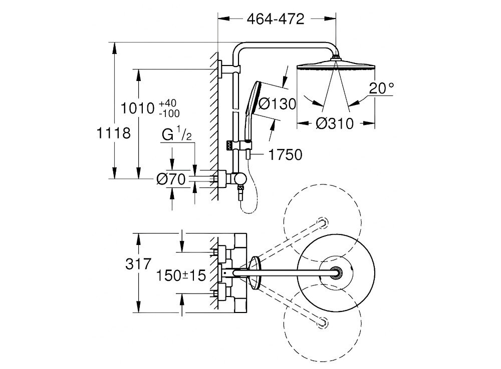 Schemat techniczny zestawu prysznicowego z wymiarami: wysokość 1118 mm, średnica deszczownicy 310 mm, długość ramienia 464-472 mm. Widoczne są również inne wymiary, takie jak 1010 mm, 1750 mm, oraz kąty nachylenia 20°.