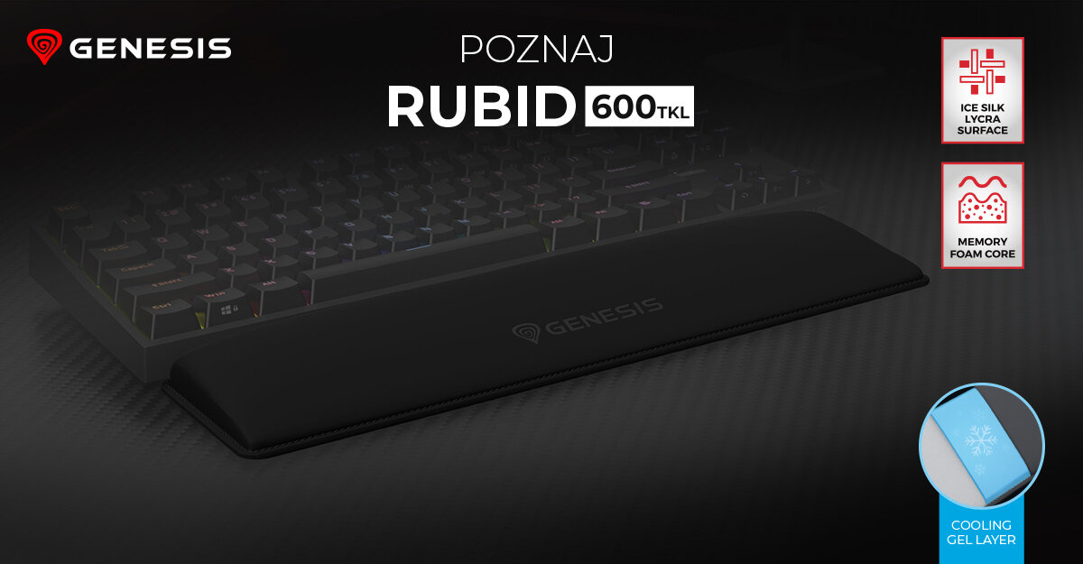 GENESIS Rubid 600 TKL - podkładka pod nadgarstki ułożona przed podświetlaną klawiaturą z oznaczeniami materiału i warstwy chłodzącej.