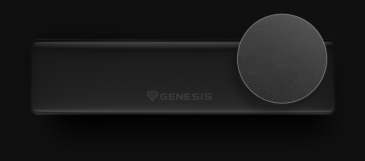 GENESIS Rubid 600 TKL GENESIS Rubid 600 TKL Ice Silk Lycra gładką strukturą przyjemnym w dotyku wykończeniem odczucie chłodu - Czarna podkładka pod nadgarstki z widokiem z góry oraz powiększeniem struktury antypoślizgowego spodu.