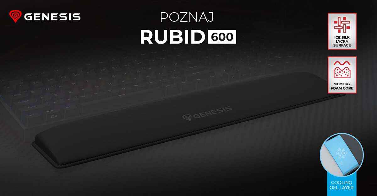 GENESIS Rubid 600 - podkładka pod nadgarstki ułożona przed podświetlaną klawiaturą z oznaczeniami materiału i warstwy chłodzącej.