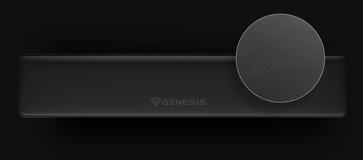 GENESIS Rubid 600 GENESIS Rubid 600 Ice Silk Lycra gładką strukturą przyjemnym w dotyku wykończeniem odczucie chłodu - Czarna podkładka pod nadgarstki z widokiem z góry oraz powiększeniem struktury antypoślizgowego spodu.