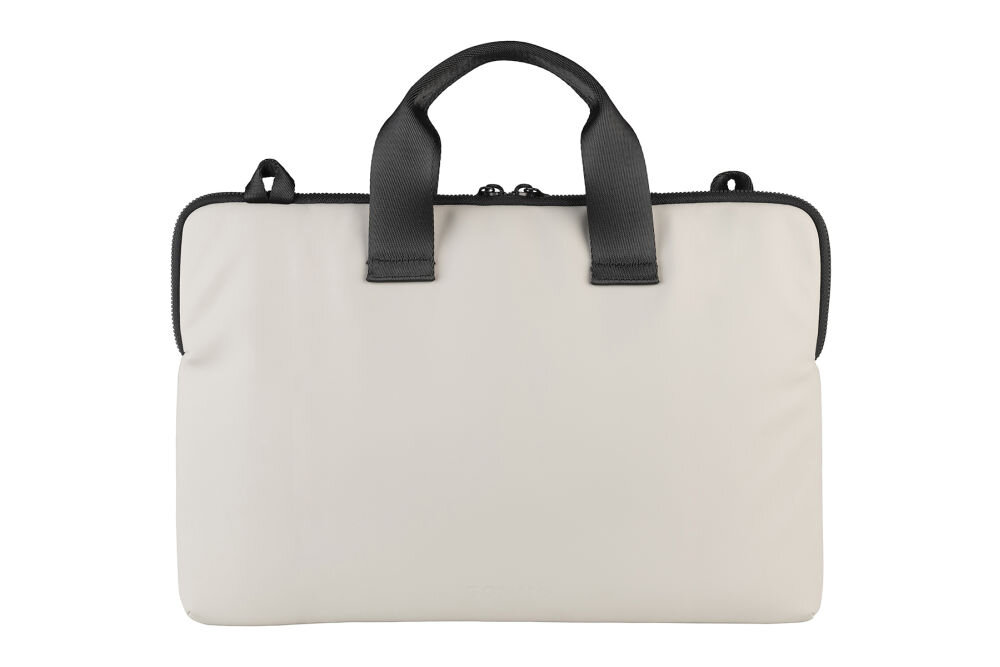 Szara torba na laptopa z czarnymi uchwytami i zamkiem błyskawicznym na górze. Torba ma prosty, elegancki design.