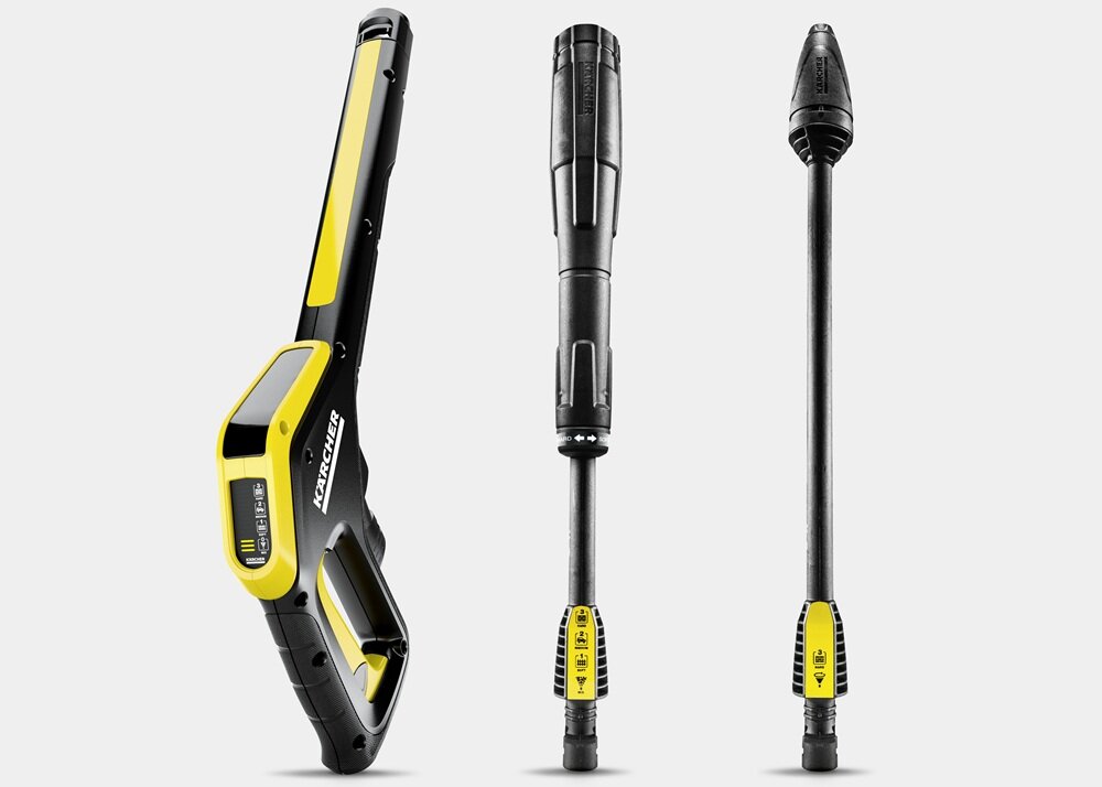Na obrazie widoczne są trzy elementy myjki ciśnieniowej w kolorach czarnym i żółtym, z widocznym logo \'KARCHER\'.