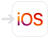 Ikona z białym tłem przedstawiająca napis \'iOS\' w kolorze pomarańczowym i czerwonym, z szarą strzałką skierowaną w lewo.