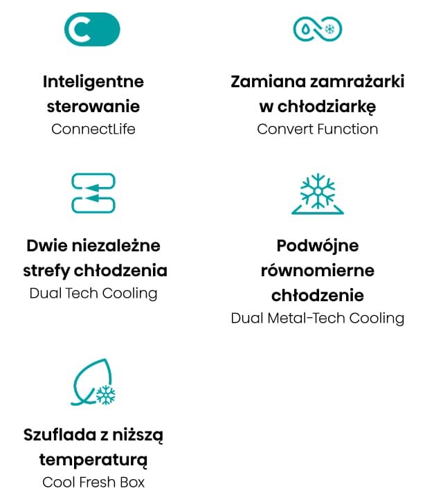 Obraz przedstawia sześć ikon z opisami funkcji lodówki HISENSE RB5B280SSWC: Inteligentne sterowanie, Zamiana zamrażarki w chłodziarkę, Dwie niezależne strefy chłodzenia, Podwójne równomierne chłodzenie, Szuflada z niższą temperaturą. Każda ikona ma przypisany angielski opis funkcji.