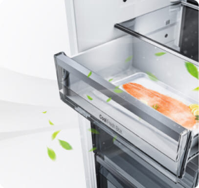 Otwarta szuflada lodówki z przezroczystym frontem, w której znajduje się kawałek łososia. Na szufladzie widoczny jest napis \'Cool Fresh Box\', a wokół unoszą się zielone liście.