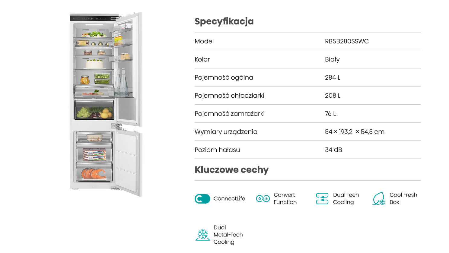 Obraz przedstawia otwartą lodówkę z widocznymi półkami i produktami spożywczymi. Obok znajduje się tabela specyfikacji z informacjami o modelu RB5B280SSWC, kolorze białym, pojemności 284 L, wymiarach 54 x 193,2 x 54,5 cm oraz poziomie hałasu 34 dB.