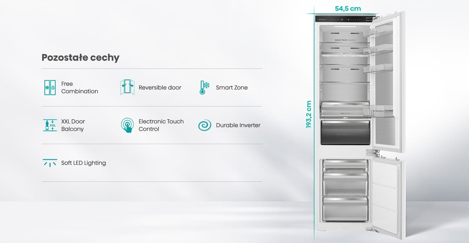 Obraz przedstawia otwartą lodówkę z widocznymi półkami i szufladami, obok której znajdują się ikony z opisami funkcji: Free Combination, Reversible door, Smart Zone, XXL Door Balcony, Electronic Touch Control, Durable Inverter, Soft LED Lighting. Wymiary lodówki to 54,5 cm szerokości i 193,2 cm wysokości.