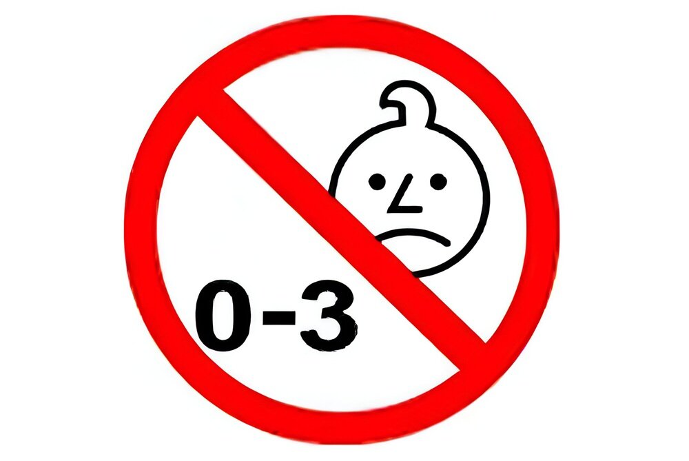 Symbol zakazu z przekreśloną twarzą dziecka i napisem \'0-3\'.