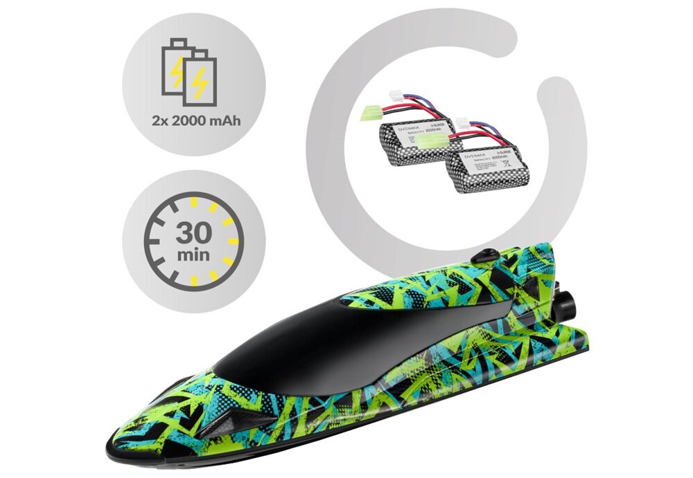 Zdalnie sterowana łódź o kolorowym, geometrycznym wzorze z czarnym kokpitem. Obok znajdują się dwie baterie z opisem \'2x 2000 mAh\' oraz ikona zegara z napisem \'30 min\'.