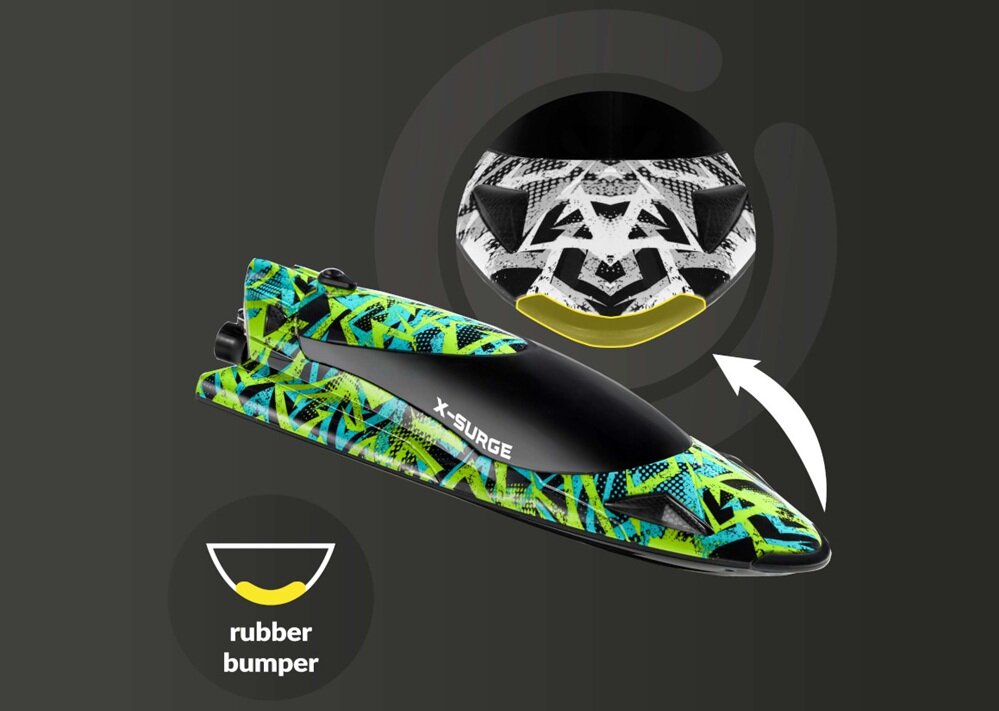 Zdalnie sterowana łódź o nazwie X-Surge z kolorowym, geometrycznym wzorem i napisem \'X-SURGE\' na boku. Obok znajduje się schematyczny rysunek z podpisem \'rubber bumper\', wskazujący na gumowy zderzak.