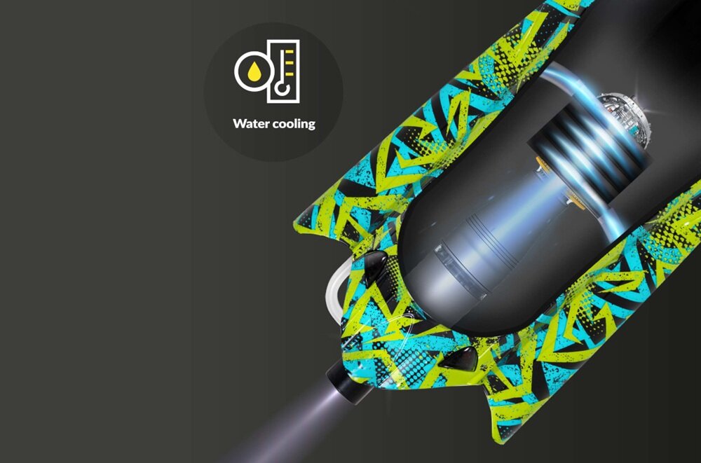 Obraz przedstawia zdalnie sterowaną łódź z kolorowym, geometrycznym wzorem w odcieniach zieleni, niebieskiego i czerni. Obok znajduje się ikona z napisem \'Water cooling\'.