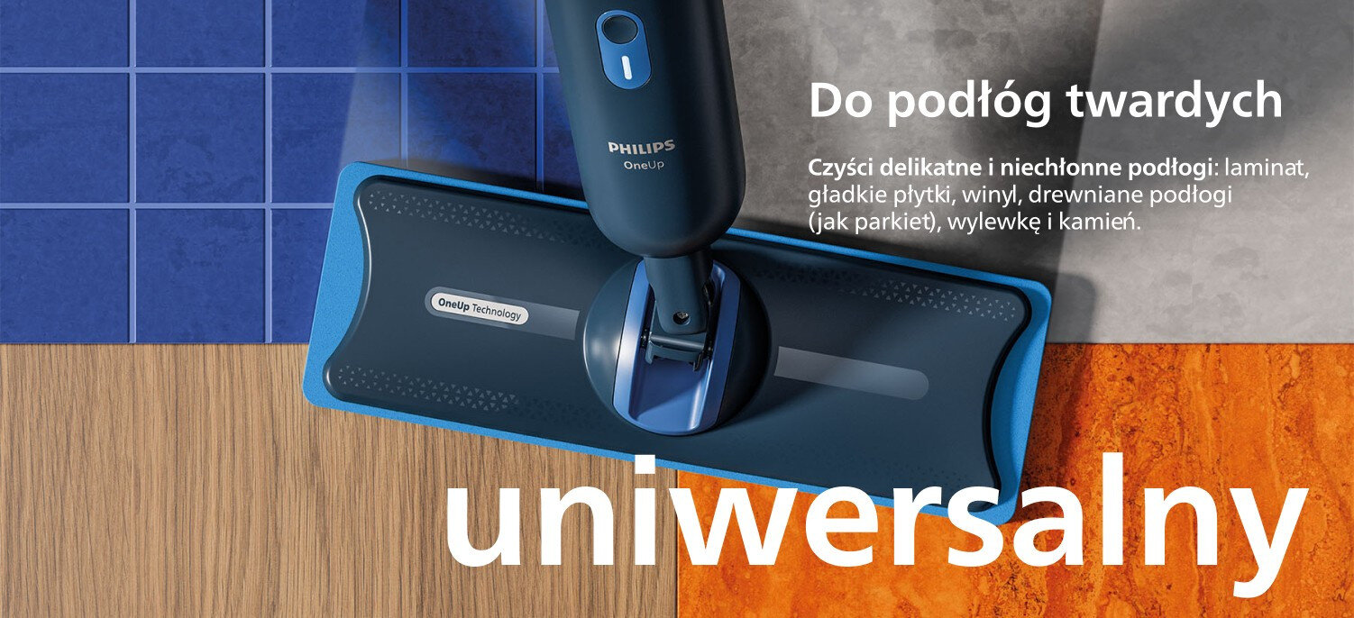 Obraz przedstawia elektryczny mop PHILIPS OneUp z napisem \'Do podłóg twardych\' oraz \'uniwersalny\'. Widoczne są różne rodzaje podłóg: laminat, płytki, winyl, drewno i kamień.