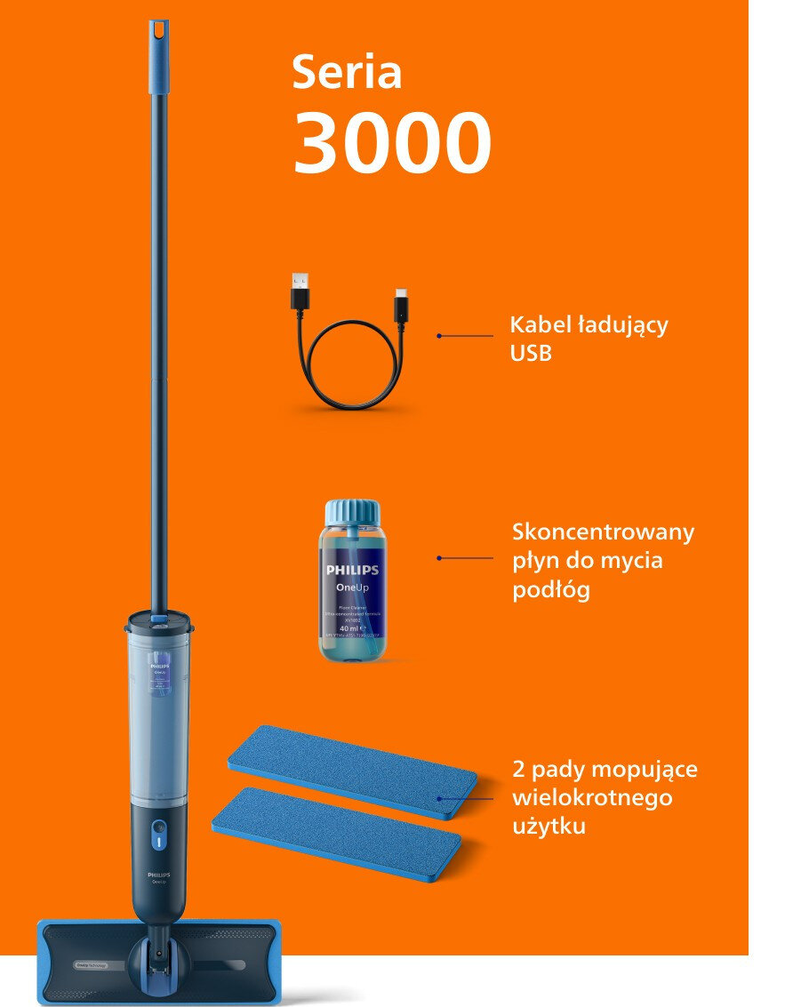 Obraz przedstawia elektryczny mop z serii 3000, kabel ładujący USB, skoncentrowany płyn do mycia podłóg oraz dwa niebieskie pady mopujące wielokrotnego użytku na pomarańczowym tle. Na mopie widoczne jest logo PHILIPS OneUp.