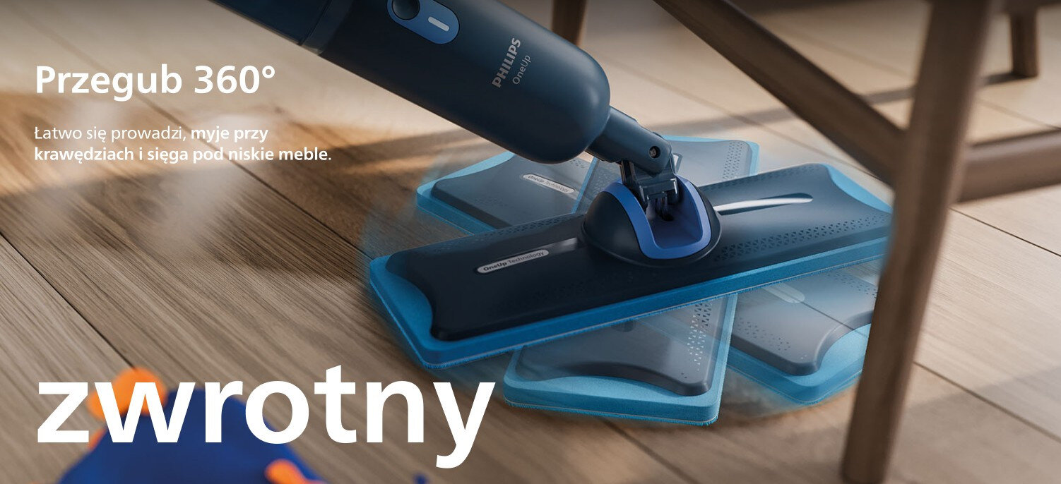 Na obrazie widoczny jest elektryczny mop z logo Philips, który mopuje podłogę drewnianą. Tekst na obrazie: \'Przegub 360°, łatwo się prowadzi, myje przy krawędziach i sięga pod niskie meble. zwrotny\'.