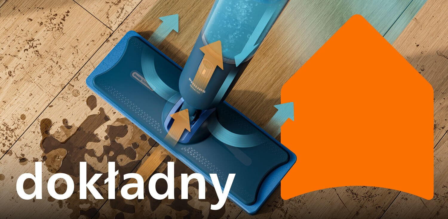 Obraz przedstawia mop elektryczny na drewnianej podłodze z rozlanym płynem. Na obrazie widoczny jest napis \'dokładny\' oraz pomarańczowy kształt przypominający strzałkę.