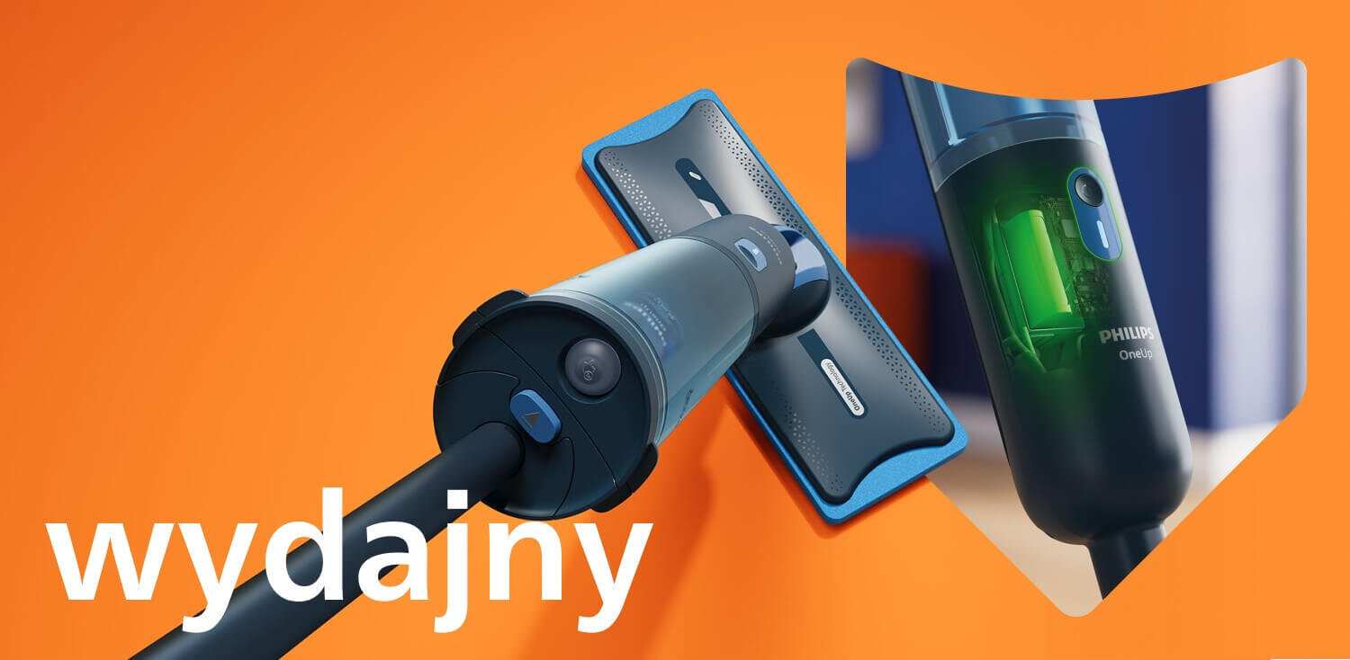 Obraz przedstawia elektryczny mop z napisem \'wydajny\' na pomarańczowym tle. Widoczne są szczegóły konstrukcji mopa oraz logo \'PHILIPS OneUp\'.