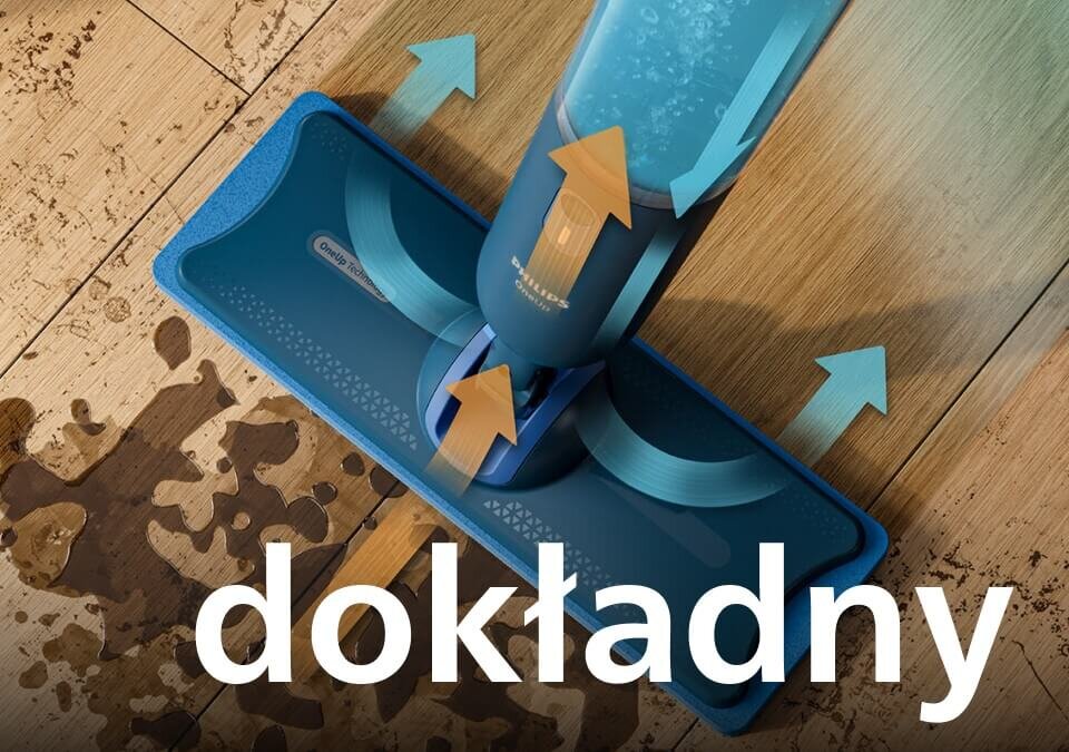Na obrazie widoczny jest mop elektryczny na drewnianej podłodze z rozlaną cieczą. Na mopie znajdują się strzałki wskazujące kierunek ruchu, a na dole widnieje napis \'dokładny\'.