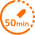 Ikona w kształcie zegara z pomarańczowym obramowaniem i wskazówką, z napisem \'50 min\'.