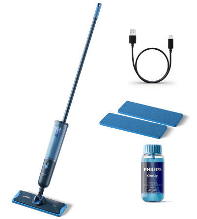 Na obrazie widoczny jest niebieski mop elektryczny z długim uchwytem, dwa wymienne pady, kabel USB oraz butelka z płynem oznaczona jako PHILIPS OneUp. Produkt jest bezprzewodowy i przeznaczony do szybkiego mopowania.