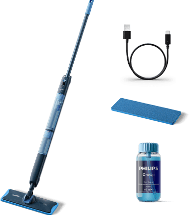 Na obrazie znajduje się elektryczny mop w kolorze niebieskim z długim uchwytem, obok którego widoczny jest kabel USB, wymienny pad oraz butelka z płynem oznaczona napisem \'PHILIPS OneUp\'.