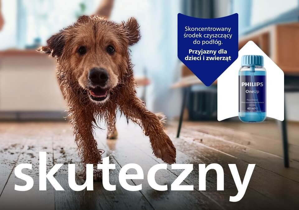 Na obrazie widać psa biegnącego po podłodze oraz butelkę z napisem \'PHILIPS OneUp\'. Widoczny jest tekst: \'Skoncentrowany środek czyszczący do podłóg. Przyjazny dla dzieci i zwierząt\' oraz \'skuteczny\'.