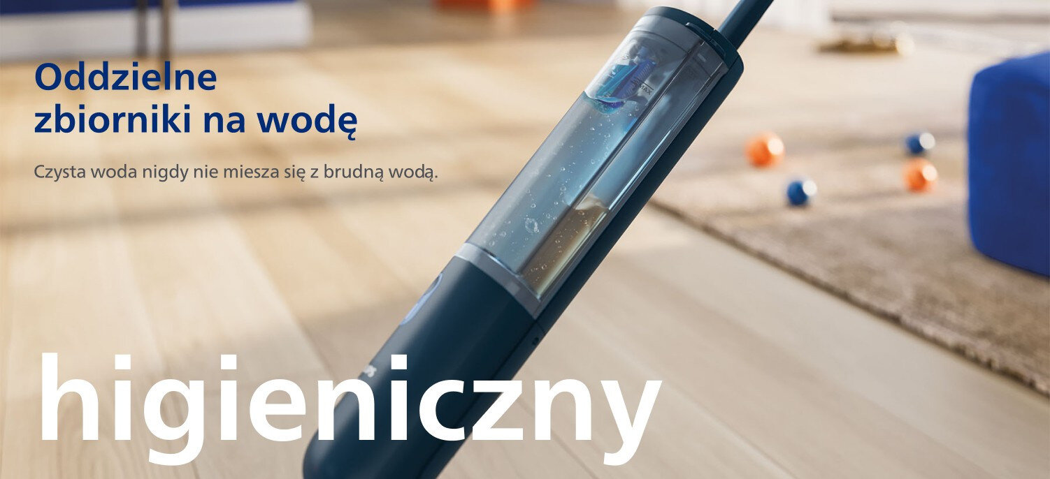 Na obrazie widoczny jest elektryczny mop z przezroczystym zbiornikiem na wodę. Tekst na obrazie: \'Oddzielne zbiorniki na wodę Czysta woda nigdy nie miesza się z brudną wodą; higieniczny\'.
